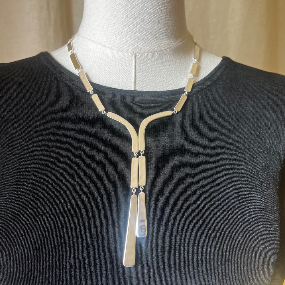 RLM Studio Hammered Silver Tone Modernist Drop Necklace Statement Sculptural